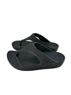 CROCS Black + Silver Metallic Rhinestones Thong Sandals 6